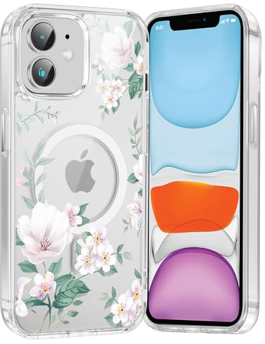Saqmkil Handyhülle Magnetische für iPhone 11 6,1 Hülle,Kompatibel mit MagSafe, Durchsichtig Aesthetic Muster Blumen Mädchen Case, Transparent Weich Silikon TPU Bumper Stoßfeste Schutzhülle Cover, 04