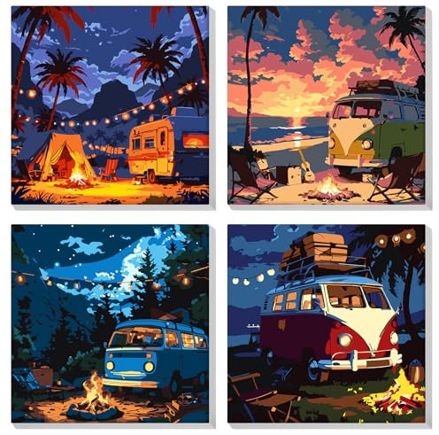 MOGTAA 4 Pack Peinture Numero Adulte avec Cadre, Paysage Bus Peinture par Numero Adulte Débutants, DIY Paysage Numéro d'Art Kits, Loisirs Créatifs Adultes, pour décoration d'intérieur, 20x20cm