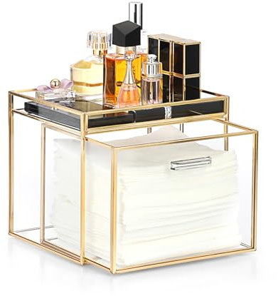 BTSKY Gold Glass Disposable Face Towel Storage Box with Top Tray - Clear Facial Towel Container, Tissue Holder for Cleansing Cloths, Makeup Remover Cloths and Makeup Tools