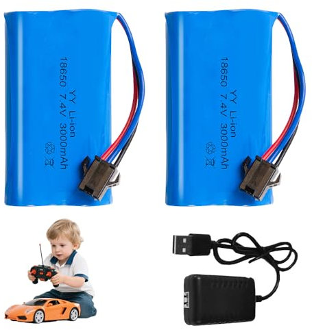 XPJBKC 7.4 V Li-ion Battery, 2 Pcs 3000mAh Rechargeable Lithium Lonen Batterien, Li-ion Akku with Deans T Plug, 1 Chargers, Rechargeable Battery für RC Fahrzeuge, Panzer, Auto, Stunt Car, Roboter