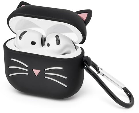 Mouzor AirPods 4 Hülle, Süße Schwarze Schnurrkatze für AirPods der 4. Generation (2024), stoßfestes, weiches Silikon-Ladecase mit Karabiner für Kinder, Mädchen und Frauen