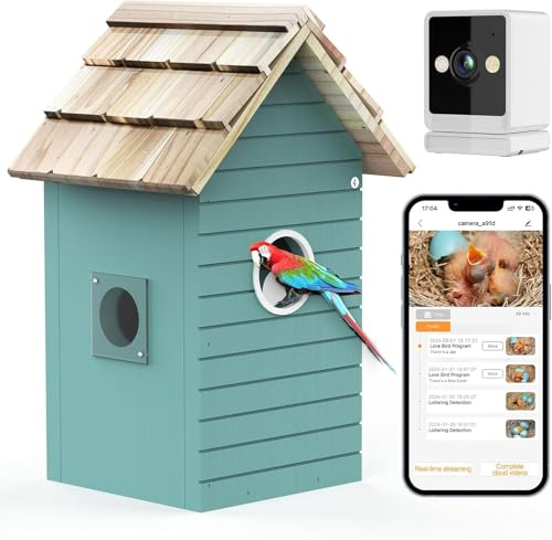 RAINBEAN Bird House with Camera,Nistkasten mit Kamera, 4 Millionen Pixel Outdoor-Vogelhaus-Kamera, Echtzeitbeobachtung des Nestbaus und der Brut von Vögeln, AI-Erkennung des Vogelverhaltens, DIY, Blue