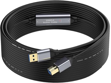 SSS·GRGB USB 3.0 Druckerkabel 15 m, USB-A auf USB-B, 5 Gbit/s, Aktivkabel | Mit 2 Signalverstärkern, USB-Netzkabel, vergoldeten Steckern und doppelter Abschirmung für Scanner, Docks und Festplatten