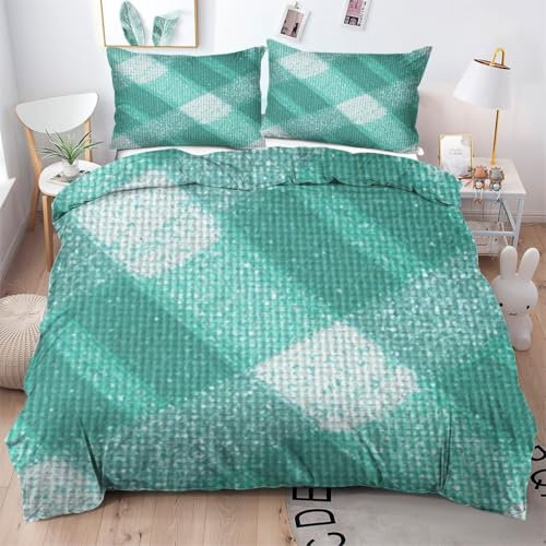 Gumntun Housse de Couette 200x200 cm Adultes À Carreaux Verts, 3Pièce Linge de Lit Imprimé Personnes Adulte avec Fermeture Éclair, 100% Microfibre Ensemble de Literie et 2 Taie d'oreiller 65x65 cm