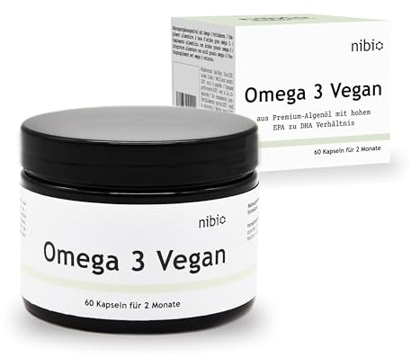 Nibio Vegane Omega-3 Algenöl Kapseln, 60 Kapseln | 550 mg Omega-3 Fettsäuren pro Tagesdosis, Hoher EPA Anteil, Für 2 Monate, Schadstofffrei, Made in Germany