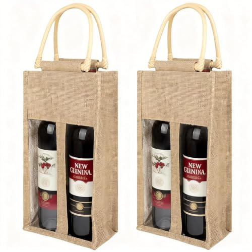 2 Stück Jute-Weinflaschentasche,Weintragetasche 4 Flaschen Mit Sichtfenster, Wiederverwendbare Flaschentasche Natur, Flasche Weinbeutel Mit Griffen Für Hochzeit, Geburtstag, Party,17 X 10 X 33 cm