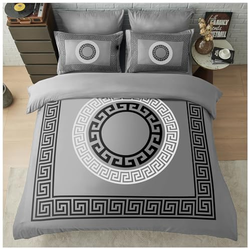 GC GAVENO CAVAILIA Greek King Size Duvet Cover Sets - Microfibre Geometric Bedding Sets with Pillowcases - Durable & Easy Care Quilt Covers - Soft Duvet Comforter Cover, Grey