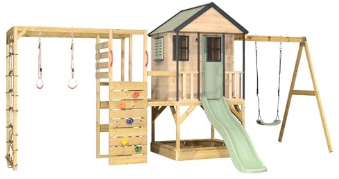 Wendi Toys M50-G Stelzenhaus mit Rutsche, Schaukel, Kletterturm aus FSC-Holz, Spielhaus Kinder Outdoor mit Plattform 90/120 cm, Kletterwand, Kletternetz, Sandkasten, 342×508×242 cm