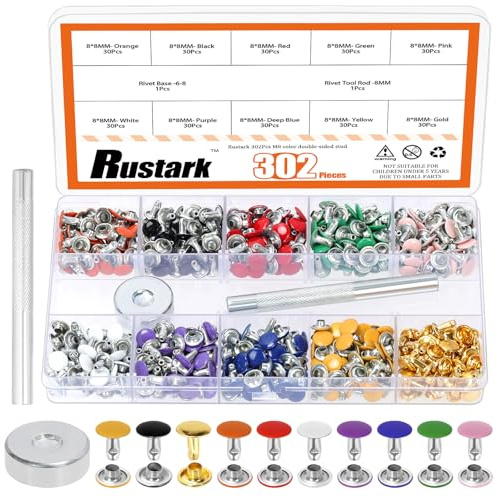 Rustark Kit di 300 rivetti in 10 colori, 8 x 8 mm, in pelle, a doppio tappo, borchie tubolari in metallo, con kit di strumenti per la regolazione del cuoio fai da te, riparazioni e decorazioni