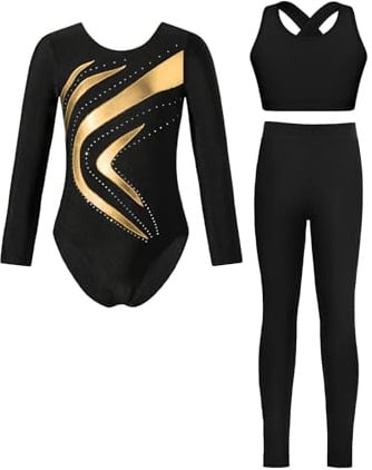 Miutii 3Pcs Mädchen Turnanzug Langarm Glitzer Gymnastikanzug Ballettanzug + Sport BH Tops + Hose Gymnastik Leotard Wettbewerb Tanzkostüm