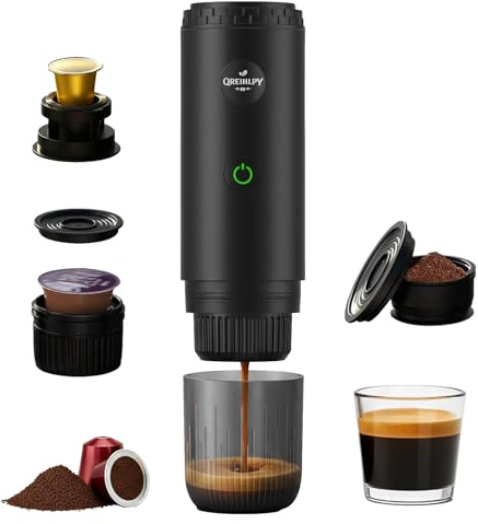 QREIHLPY Tragbare Espressomaschine mit 20 Bar, Selbstheizende Mini Kaffeemaschine für Nespresso Kapseln und Kaffeepulver, Reisekaffeemaschine für Camping, Büro und Auto
