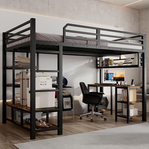 Arhatreya Letto a soppalco da 120 x 200 cm, in metallo e legno, con scrivania e ripiano, rete a doghe stabile, scala a 4 gradini, letto in ferro salvaspazio in nero/legno scuro, senza materasso