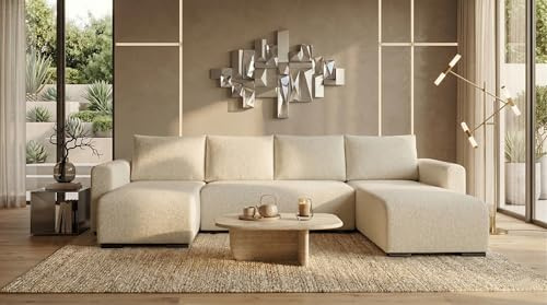 storez24 Wohnlandschaft Tally U, Couch in U-Form mit Schlaffunktion und Bettkasten, Farbe: Creme, Bouclé-Stoff