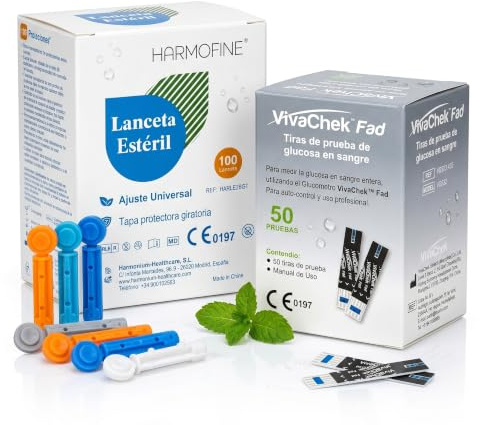 Pack Compatible con Dispositivos VivaChek FAD | 50 Tiras Recambios + 100 Lancetas Harmofine | No compatible con otros modelos de Vivachek, solo con FAD