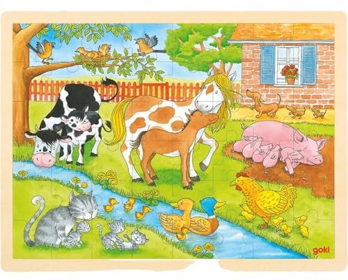 goki 57745 - Einlegepuzzle Leben auf dem Bauernhof aus Holz, Holzpuzzle mit Tiermotiven, Lernspielzeug und Kinderpuzzle, fördert Fantasie und Motorik der Kinder, 40cm x 30cm, 48er Set, ab 3 Jahre