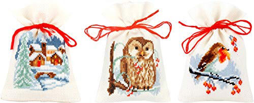 VERVACO Zählmusterpackung Stickset Säckchen Winter 3er DIY Gezählter Kreuzstich Stickpackungen Basteln Erwachsene Kreativ Set 8 x 12 cm Stickset für Anfänger Stoffbeutel zum Sticken