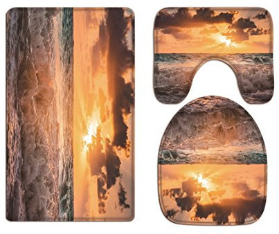 A.Monamour Badezimmer Badematte 3 Teilig Set Zeit Ozean Meer Gezeiten Tropischen Inseln Landschaft Landschaft Kissen Pads Flanell Saugfähig Badteppiche Badvorleger Badgarnitur WC Vorleger