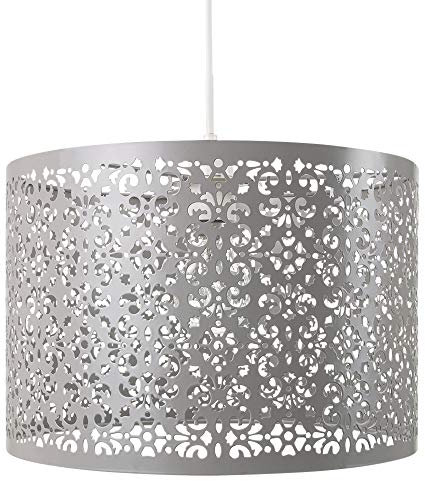 Unique Moroccan Designed Soft Grey Metal Circular Pendant Light Shade with Floral Decor, 29cm Diameter and Maximum 60watt Bulb Allowed by Happy Homewares