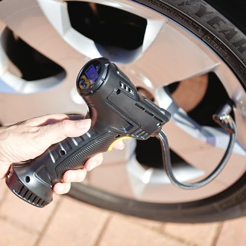 Burwells Cordless 12V Tyre Inflator LED Digital Display 150PSI Air Compressor Pump Nozzle Valve Adaptors Bright LED Light Battery Powered Backlit Display