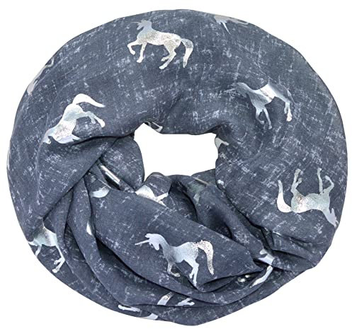 thb Richter Loopschal Meliert Schlauchschal mit Einhorn Unicorn Muster Pferd Horse Metallic Aufdruck Silber Glitzer Glanz Glänzend Rundschal Weich Soft Schals Tücher (Grau)