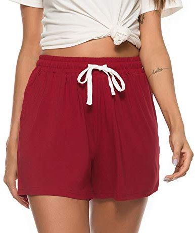 Vlazom Women's Pyjamas Shorts, Super Soft Sleeping Bottoms Stylish Lounge Shorts for Sleep Gym Running with Pockets Wine Red, XXL