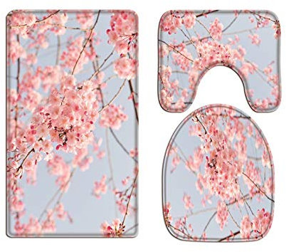 A.Monamour Badezimmer Badematte 3 Teilig Set Rosa Kirschblüten Sakura Blumen Naturlandschaft Flanell WC Toilette Deckel Deckt Bad Matte Teppich Badteppiche Badvorleger Badgarnitur Vorleger