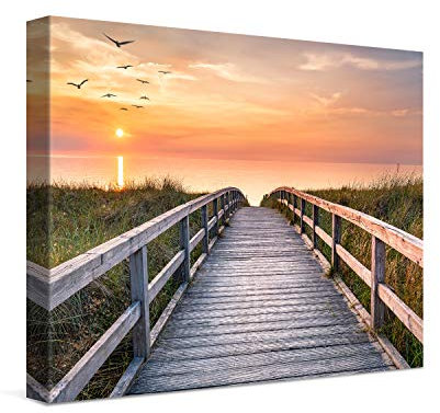 PICANOVA – Bild auf Leinwand Holzweg zum Meer 40x30cm – Leinwandbild – Premium Leinwanddruck – Wandbild Kunstdruck Auf 2cm Holz-Keilrahmen Wohnzimmer Wanddekoration – Strand