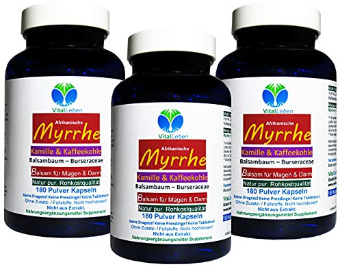 MYRRHE + KAMILLE + KAFFEEKOHLE Balsam für den gestressten Darm 540 (3x180) Pulver Kapseln nach AYURVEDA und Hildegard von Bingen - NATUR pur - OHNE ZUSATZSTOFFE. 27160-5