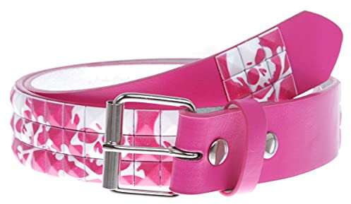 Gürtel zum Aufstecken, 3,8 cm, Totenkopf- und Kreuzknochenmuster, Punkrock-Nietengürtel, hot pink, XXL-112 cm