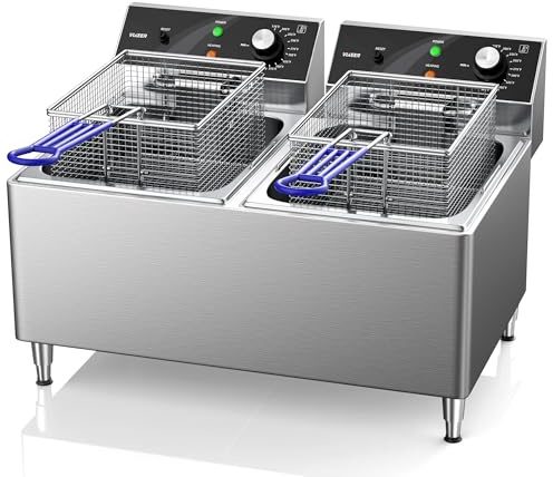 TOPKITCH Friteuse Commerciale avec 12L x 2 Double Réservoir, Friteuse Électrique avec Panier, Friteuse Electrique pour Restaurants, avec 2 Paniers à Frire, 3300W x 2, 240V, Deux 6-15 Prises