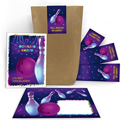 Junaversum 12 Einladungskarten zum Kindergeburtstag Mädchen Jungen Bowling Bowling-Party incl. 12 Umschläge, 12 Tüten, 12 Aufkleber