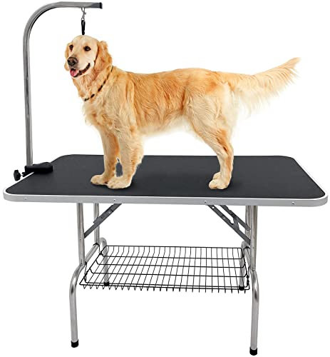 Kalolary 45 Inch Pet Dog Grooming Table with Adjustable Height Arm, Loop & Mesh Tray, Foldable Heavy Duty Grooming Table for Large Dog Pet Grooming（Black