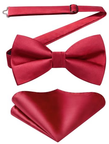 HISDERN Rot Fliege Einfarbig Herren Fliege mit Einstecktuch Set Vorgebundene Fliege Anzug für Smoking,Hochzeit,Weihnachten