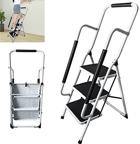 Klappbar Stehleiter mit Handlauf Bis 150 KG, Stabile Kleinleiter, Haushaltsleiter mit Extra Breite Anti-Rutsch Stufen, Klapptritt 3 Stufen mit Handlauf, Klappbar Stufenleiter, asul Stahl