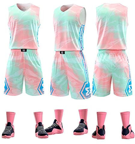 HULG Basketball Trikot,Kinder/Erwachsener Basketball Trikot,2-teiliges Performance Mesh Basketball Set,Schnell Trocknend, Atmungsaktiv, Zarte Nähte (Pink Green,L)