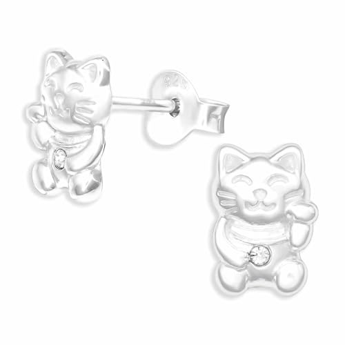 Monkimau Glückskatzen Ohrstecker Ohrringe aus 925 Silber Schmuck Silberohrringe Medizinisch für Kinder Mädchen Damen Frauen