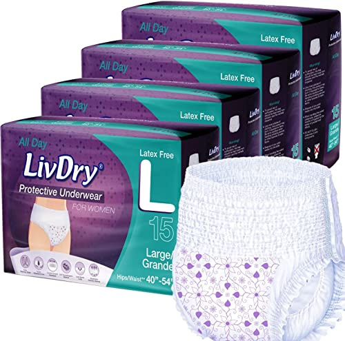 Livdry Erwachsene Windeln für Frauen, Premium-Inkontinenz-Unterwäsche, bequem und saugfähig, für den ganzen Tag oder über Nacht, Größe L (60 Stück)