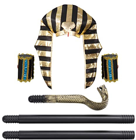 Freebily Ägyptisches Pharao Kostüm für Herren Pharao Kopfschmuck Ägypter Kostüm Zubehör Spazierstock Halloween Fasching Verkleidung Gold A One Size
