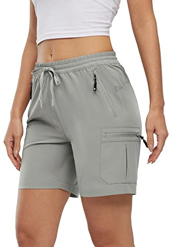 Rdruko Womens Hiking Cargo Shorts with 4 Zip Pockets | Drawstring Elastic High Waist Summer Casual Lightweight Quick Dry Outdoor Water Resistant Shorts for Work Travel Golf Walking