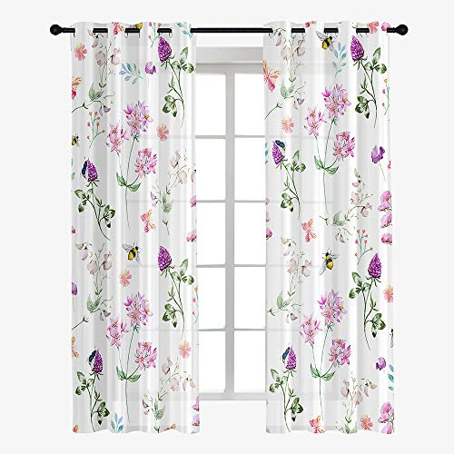 Hiseng Voile Vorhänge mit Ösen, Gardinen Halbtransparent 2er Set, Vorhang Boho Gardinenschals Ösenschal Gardinen Wohnzimmer 3D-Blumendruck Curtains mit Schlaufen (140x213cm,lila Blume)