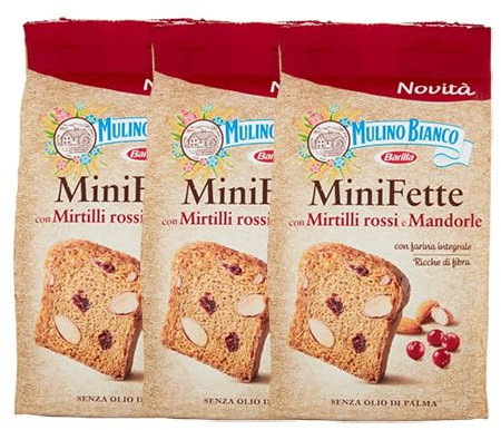 3X Mulino Bianco MiniFette ai Mirtilli Rossi, Mandorle e Semi di Girasole, Mini Fette Con Farina Integrale 90g [3 Confezioni]