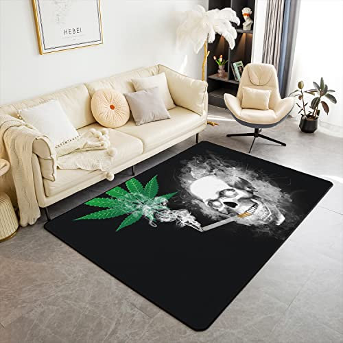 Skull Muster Teppich 100x150cm Bodenmatte Modern Teppich Wetterfest Dekor Weich Flannal Marihuana Weed Skeleton Teppichteppich Weich WohnzimmerTeppich für Küche und Balkon Indoor Schlafzimmer