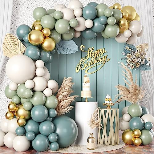 Dusty Sage Green Blue Gold Balloon Arch Kit, 107 PCS Pastel Olive Green Slate Blue Beige Metallic Gold Balloon Garland Kit for Women Men Boho Birthday Wedding Baby Bridal Shower Party Decorations