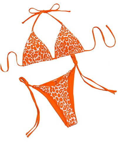 Loalirando Maillot de Bain Femme 2 Pièces Sexy Bandage Biniki Brésilien String pour Vacances Plage Bronzage, Orange léopard, S