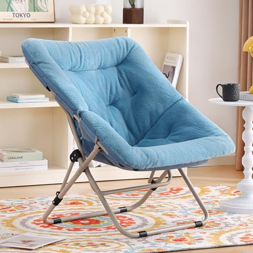 YOTATING Saucer Chair, Comfy Faux Fur Chair Oversized Folding Soft Furry Lounge Lazy Chair Metal Frame Moon Chair Accent Chair for Bedroom, Living Room, Dorm Rooms, Blue