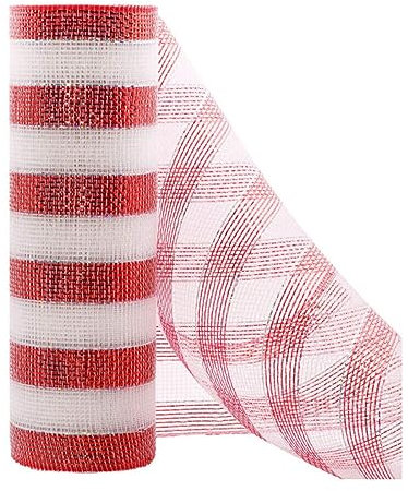 Red and White Stripe Metallic Mesh Ribbon 10 inch x 10Yard Iridescent Silver Foil, Christmas Ribbon for Wreath Swags and Christmas Tree Decoration (Red)
