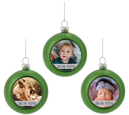 MilyaDE 3 Stück Weihnachtskugeln mit eigenem Bild, Kunststoff innen Glitzer Lametta 6cm, Christbaumkugeln Personalisierte selbst gestalten, Grün