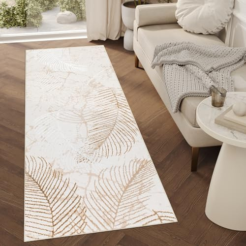 TAPISO Crystal Läufer Teppich Glänzend Gold Beige Braun Blätter Palmenblätter Wohnzimmer Schlafzimmer Flur Korridor Modern Design ÖKO-TEX 80 x 500 cm
