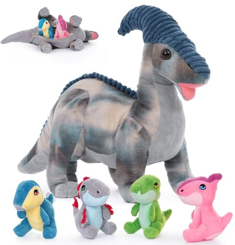 MorisMos Dino Kuscheltier XXL mit 4 Baby im Bauch,55cm hoch riesen Dinosaurier Parasaurolophus Plüschtier Stofftier,weich Spielzeug für Jungen