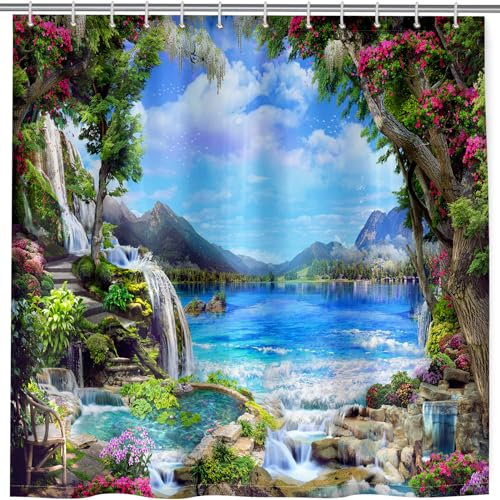 ANHOPE Natur Garten Wasserfall See Duschvorhänge Wasserdicht Anti-schimmel Shower Curtains Polyester Stoff Duschvorhang 180 x 180 cm Waschbar Bad Vorhäng für Badzimmer mit 12 Haken